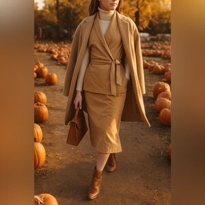RONA New York camel faux-suede 2-piece set – wrap shawl-collar top + midi skirt